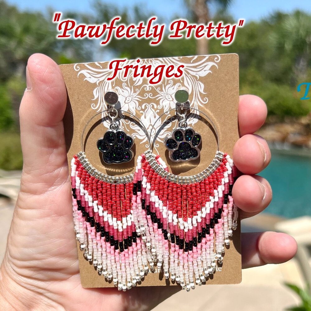 Handmade Beaded Long Fringe Paw Love Dangle Drop Lightweight Post Hoop Earrings
